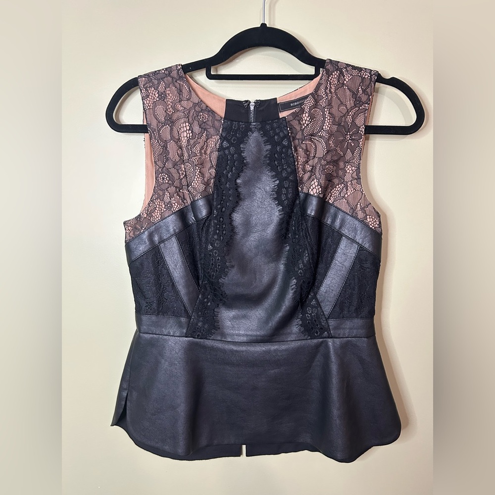 BCBGMaxAzria Black and Pink Lace Leather Top